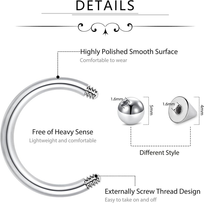 D.Bella 16G 14G Horseshoe Rings Surgical Steel Nose Septum Horseshoe Hoop Earring Eyebrow Tragus Lip Rings Daith Helix Piercing Jewelry for Women Men 6-12mm Smily Piercing Jewelry - Image 2
